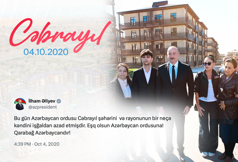 Prezident İlham Əliyev Cəbrayıl şəhərinin işğaldan azad edilməsinin ildönümü ilə bağlı paylaşım edib